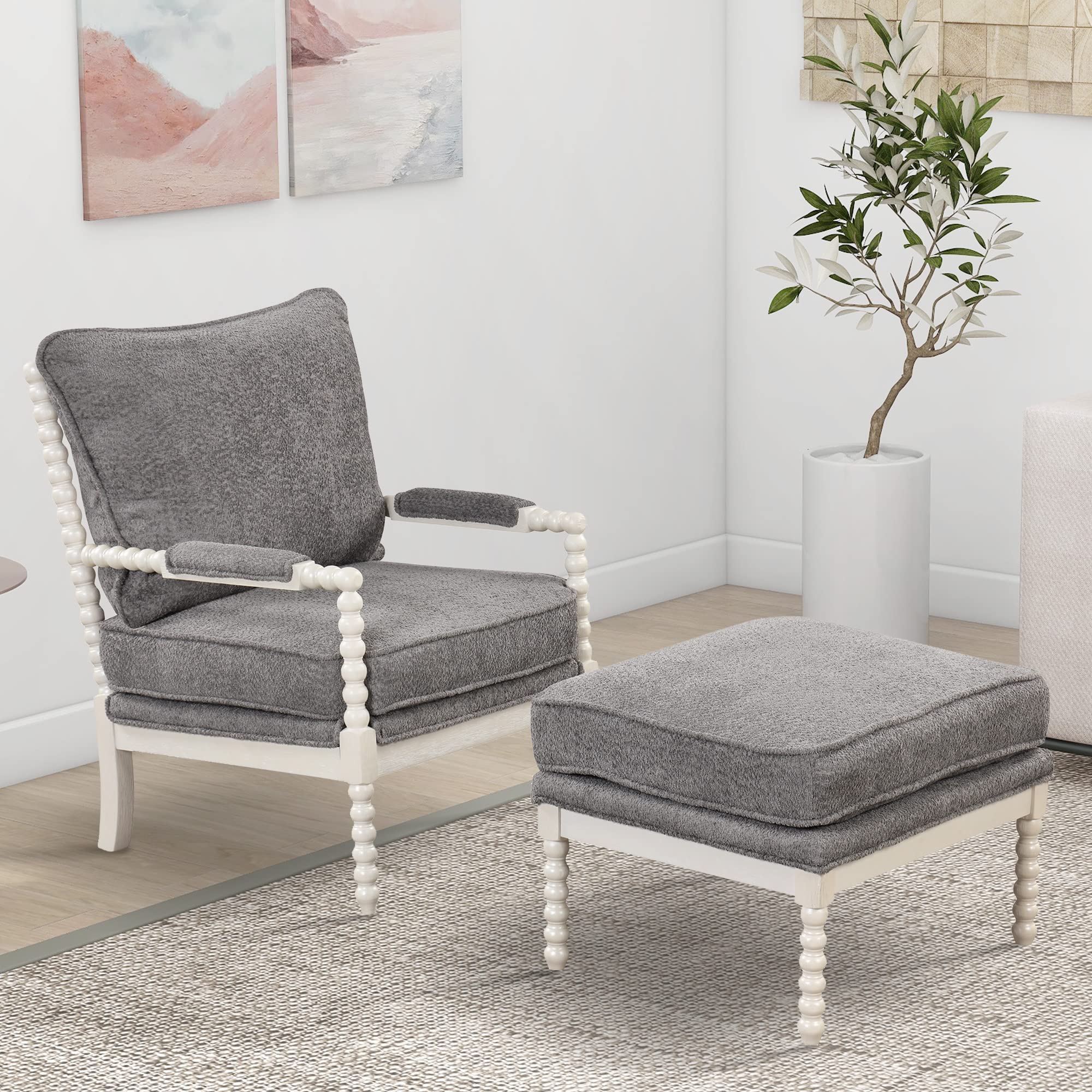 Modern Velvet Accent Chair with Ottoman - Tufted Armchair with Footrest, Lounge & Reading Chair for Small Spaces - Living Room, Bedroom, Office Decor (White + Gray 009) | Cozy Seating for Relaxing, Reading & Entertaining Guests