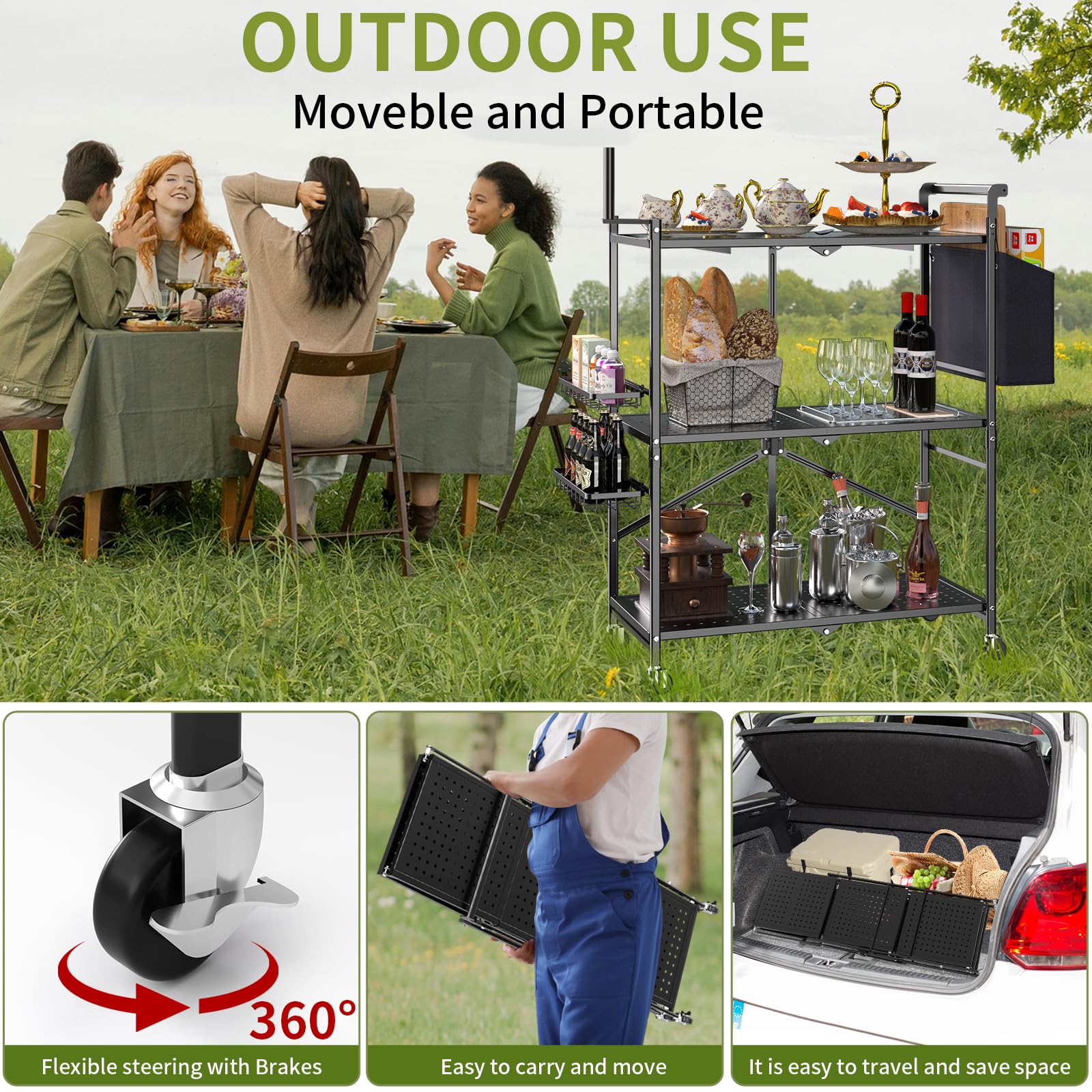 Foldable 3-Tier Outdoor Grill Cart with Locking Casters - Portable BBQ Table, Pizza Oven Stand & Folding Kitchen Island for Patio, Backyard & Camping - Black