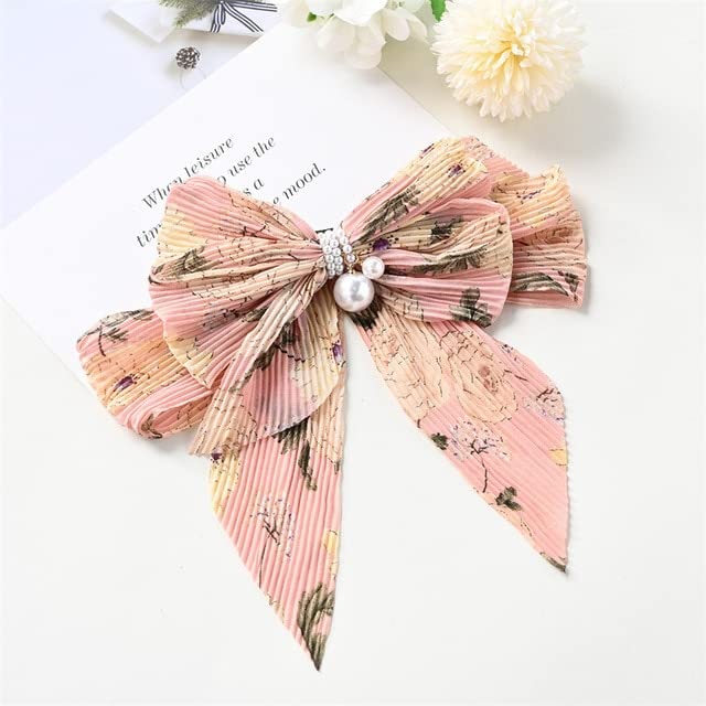 ASG Floral Korean Pearl Chiffon Bow Hair Clip - Large Bowknot Spring Hairpin for Women & Girls, Strong Hold Hair Accessory for Wedding, Party & Daily Use
