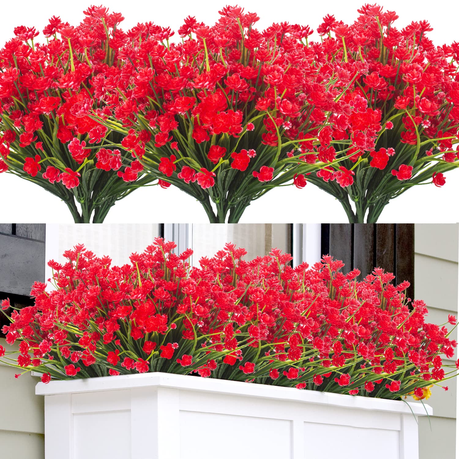 12 Pack Artificial Fake Flowers UV Resistant Outdoor Greenery Shrubs - Red Silk Plants for Indoor/Outside Hanging Planters, Home & Garden Décor - Perfect for Porch, Patio, Wedding & Office Decorations