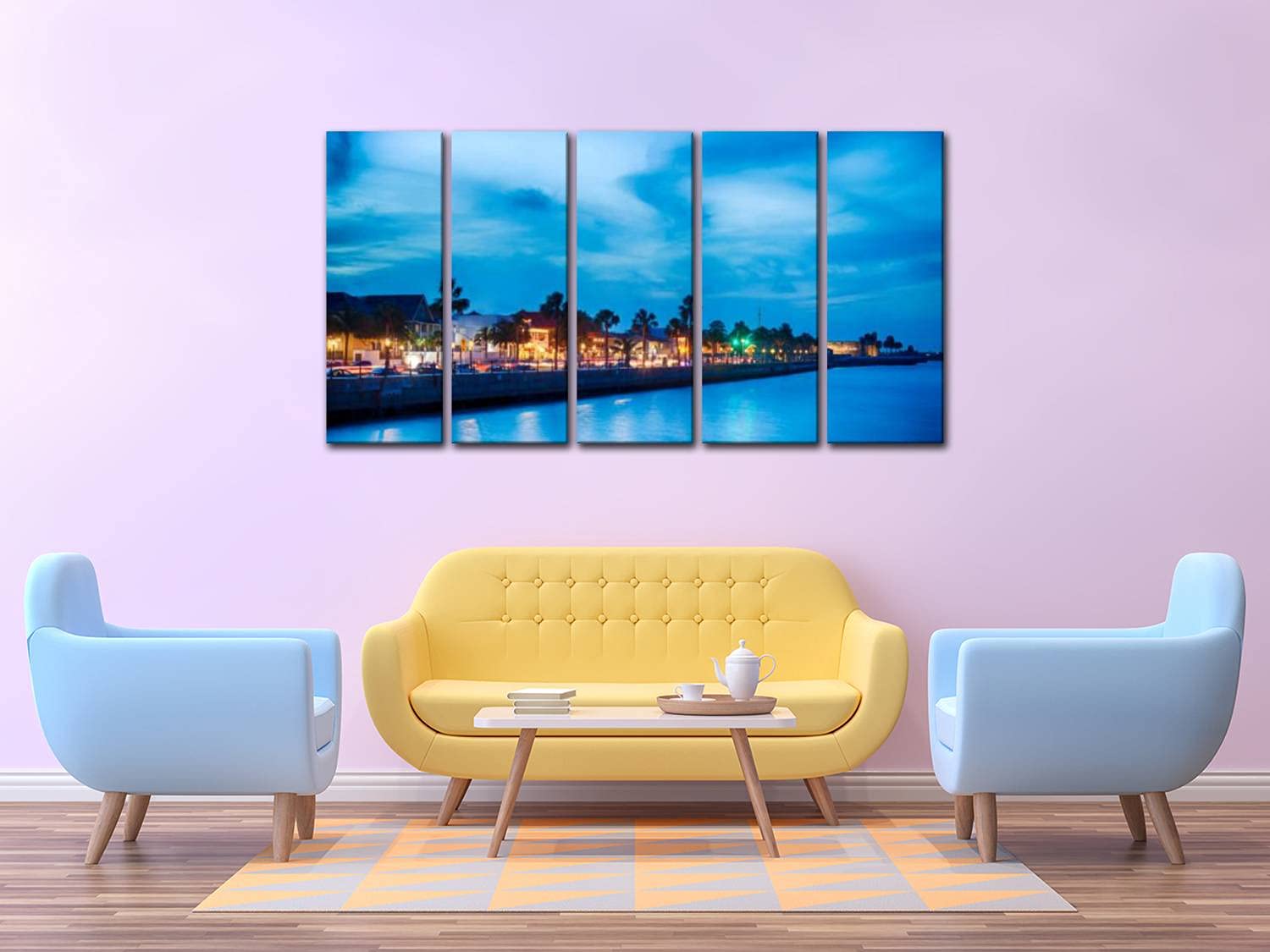 5 Panels St Augustine Florida Canvas Wall Art - Modern Framed Painting for Office, Bedroom & Home Decor - Ready to Hang 60''Wx32''H - Perfect for Coastal Theme Living Rooms & Beach House Interiors