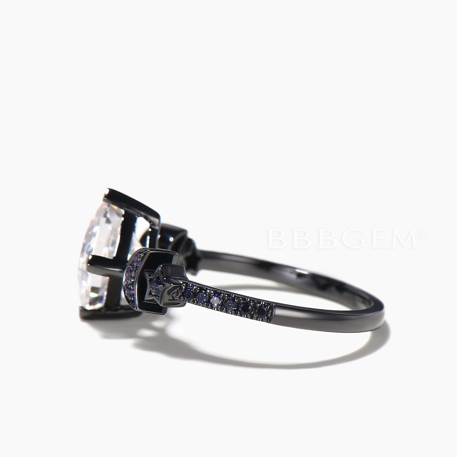 Princess Cut Moissanite Engagement Ring in Black Gold with Moon Star & Blue Sandstone Band - Perfect for Proposals, Weddings & Anniversary Gifts