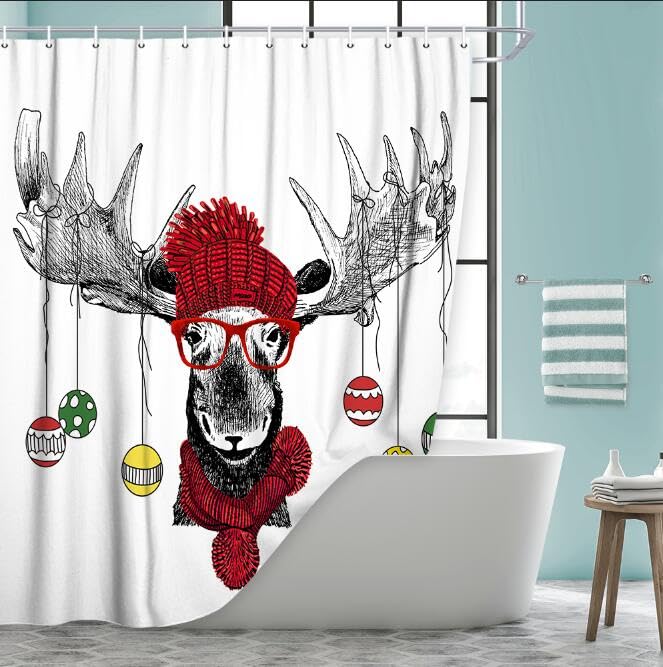 JAWO Funny Christmas Reindeer Shower Curtain with Ornament Ball Hangings - 47x64 Inches Small Bathroom Decor for RV, Stall & Holiday Bathroom Decorations - Perfect for Christmas Party, Winter Home Decor & Festive Bathroom Makeover