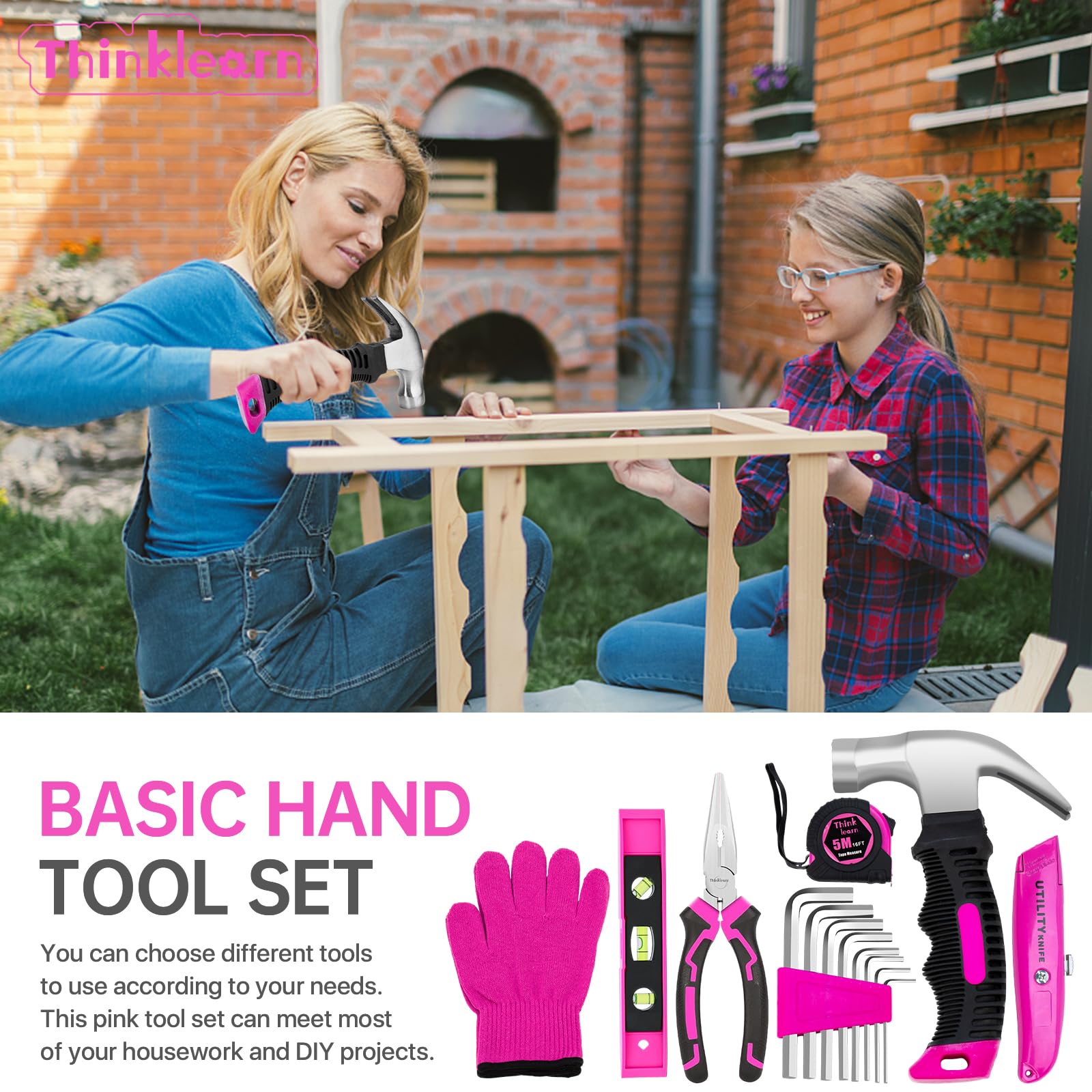 64PCS Pink Tool Set with Cordless Drill - 8V Power Drill & Electric Screwdriver Kit for Women, 3/8