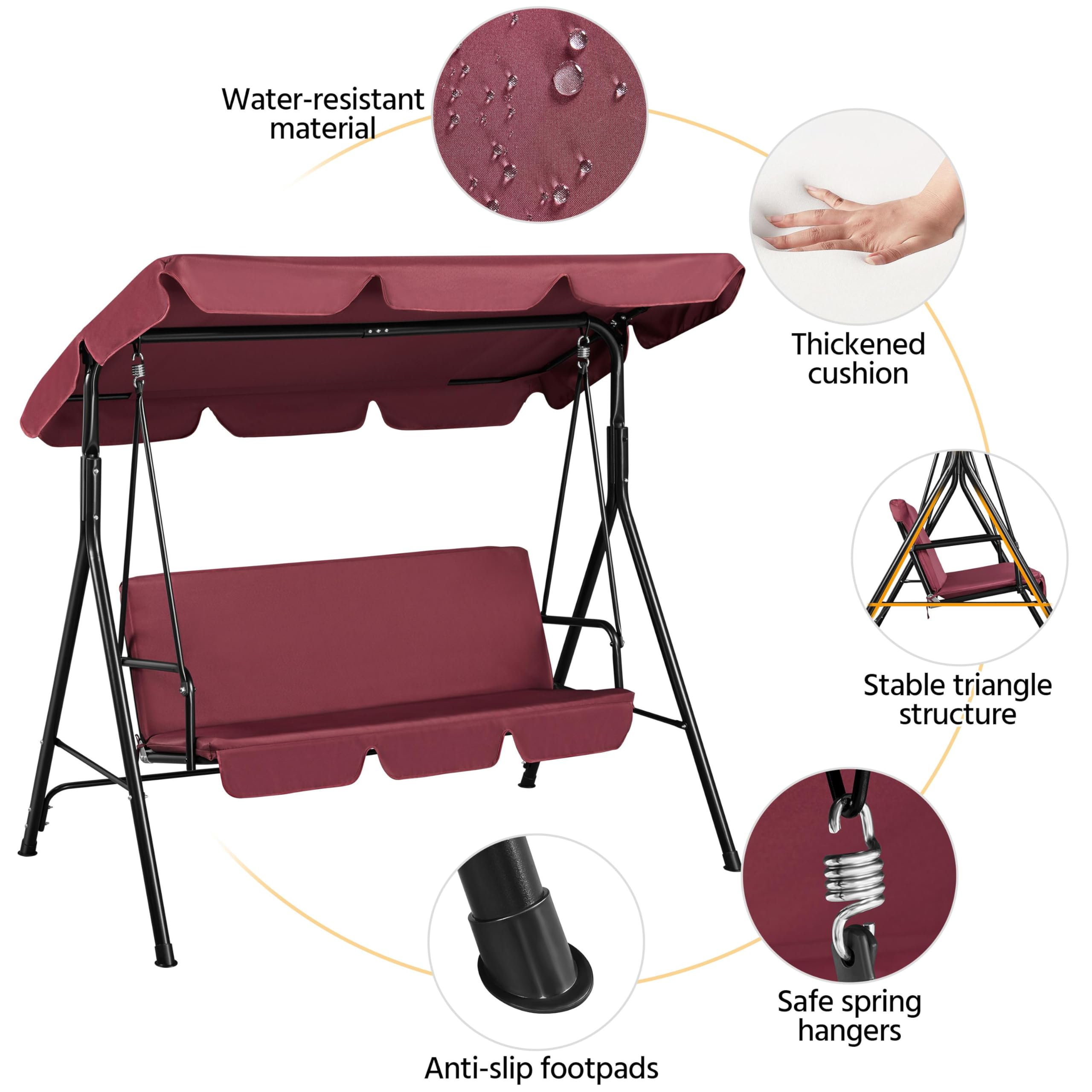Yaheetech 3-Seat Outdoor Patio Swing Chair with Adjustable Canopy & Removable Cushion - Hanging Lounge Chair for Garden, Yard, Porch - Burgundy Red - Perfect for Relaxing, Reading & Enjoying Nature