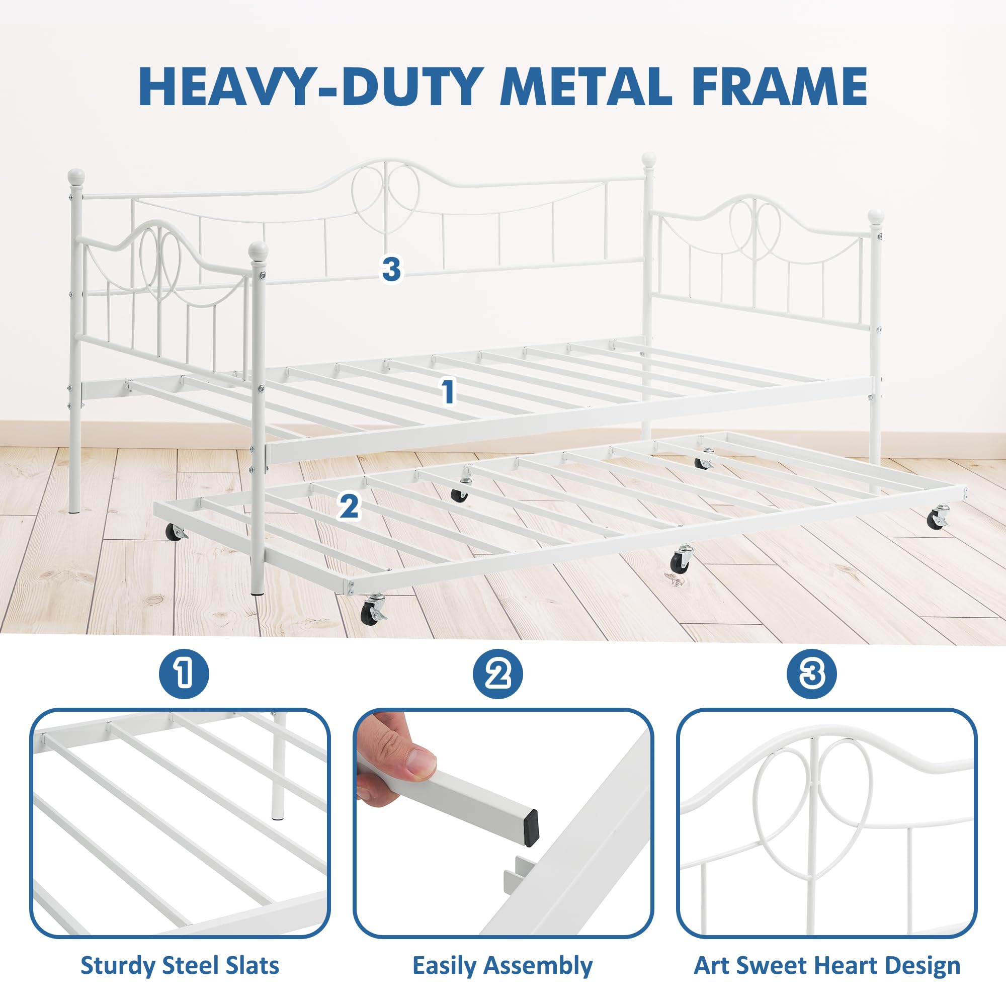Twin Size Daybed with Trundle - Pull Out Twin Daybed Set, Sturdy Metal Frame with Steel Slat Support for Living Room & Bedroom - Easy Assembly in White | Perfect for Guest Rooms, Small Spaces & Multi-Functional Furniture Needs