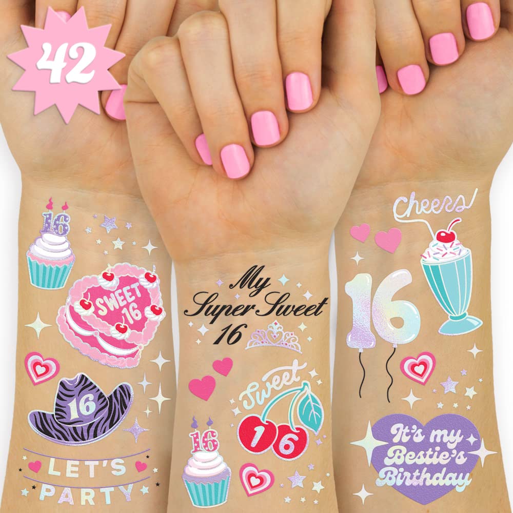 Fetti Sweet 16 Birthday Temporary Tattoos - 42 Metallic Styles for 16th Birthday Party Decorations | Bday Girl Gift, Sweet Sixteen Party Favors, Goodie Bag Fillers | Perfect for Birthday Celebrations, Teen Parties & Special Occasions