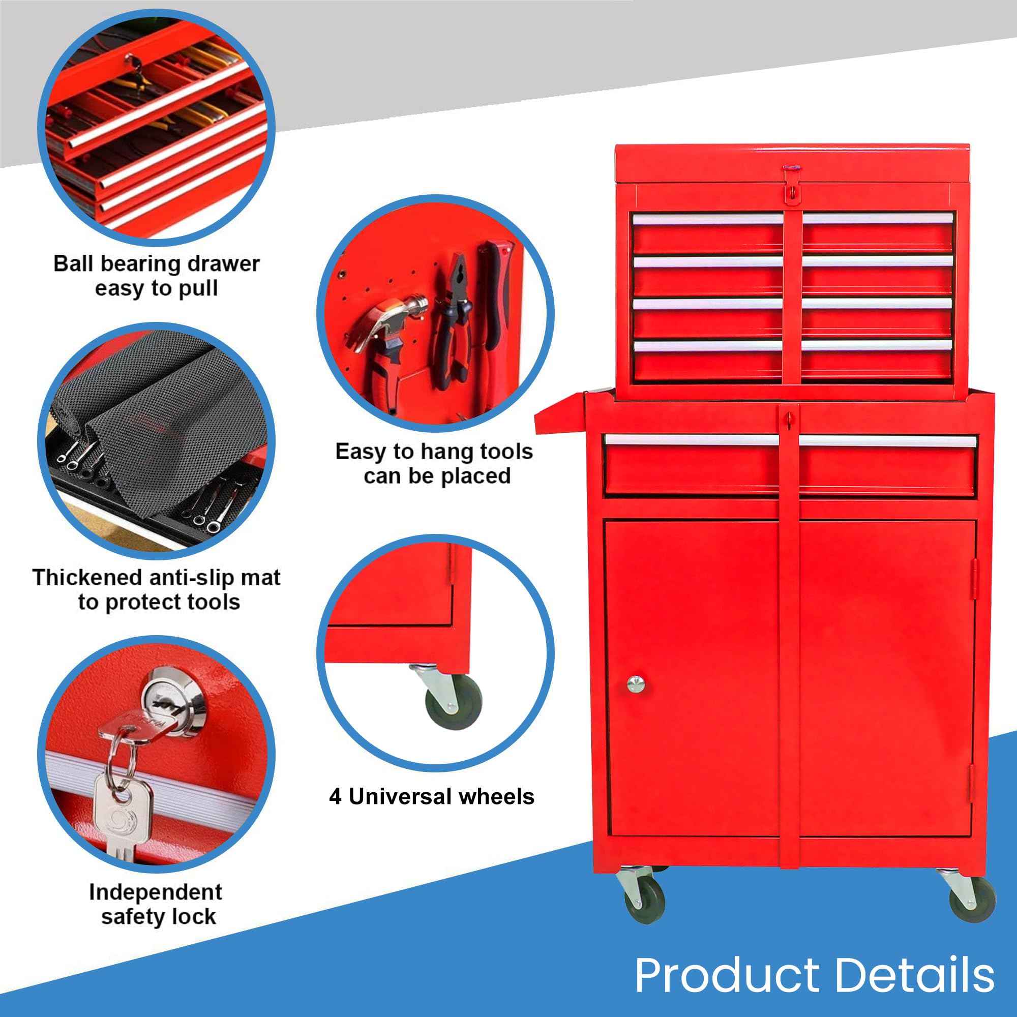 5-Drawer Rolling Tool Chest with Wheels & 2 Lockers - Heavy Duty Detachable Tool Cabinet for Garage, Warehouse & Workshop - Red (Ideal for Automotive Repair, DIY Projects & Professional Tool Organization)