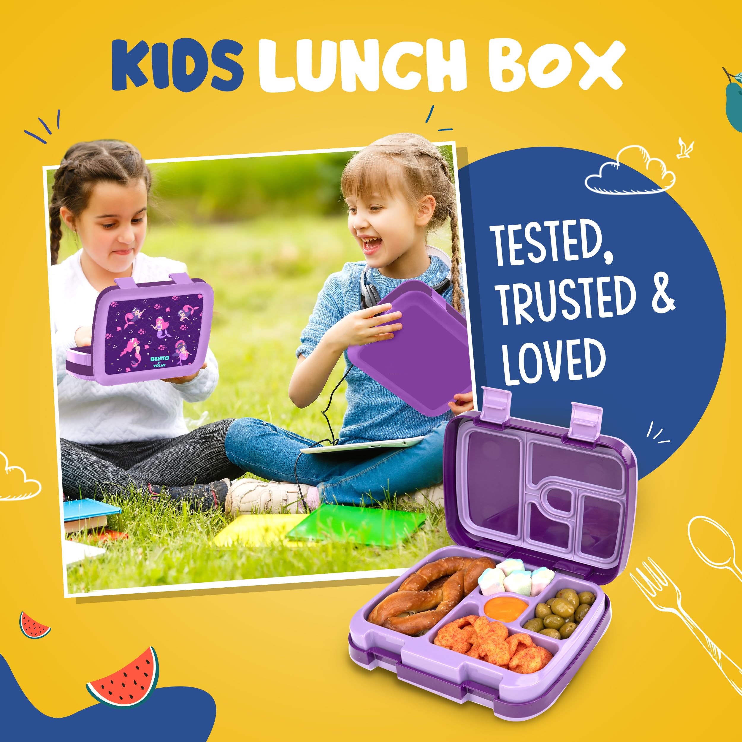 Leak-Proof Kids Bento Lunch Box with 5 Compartments - Durable, Anti-Slip Base for Ages 3-10 | Perfect for School, Travel, Picnics & Outdoor Activities (Mermaid Design)
