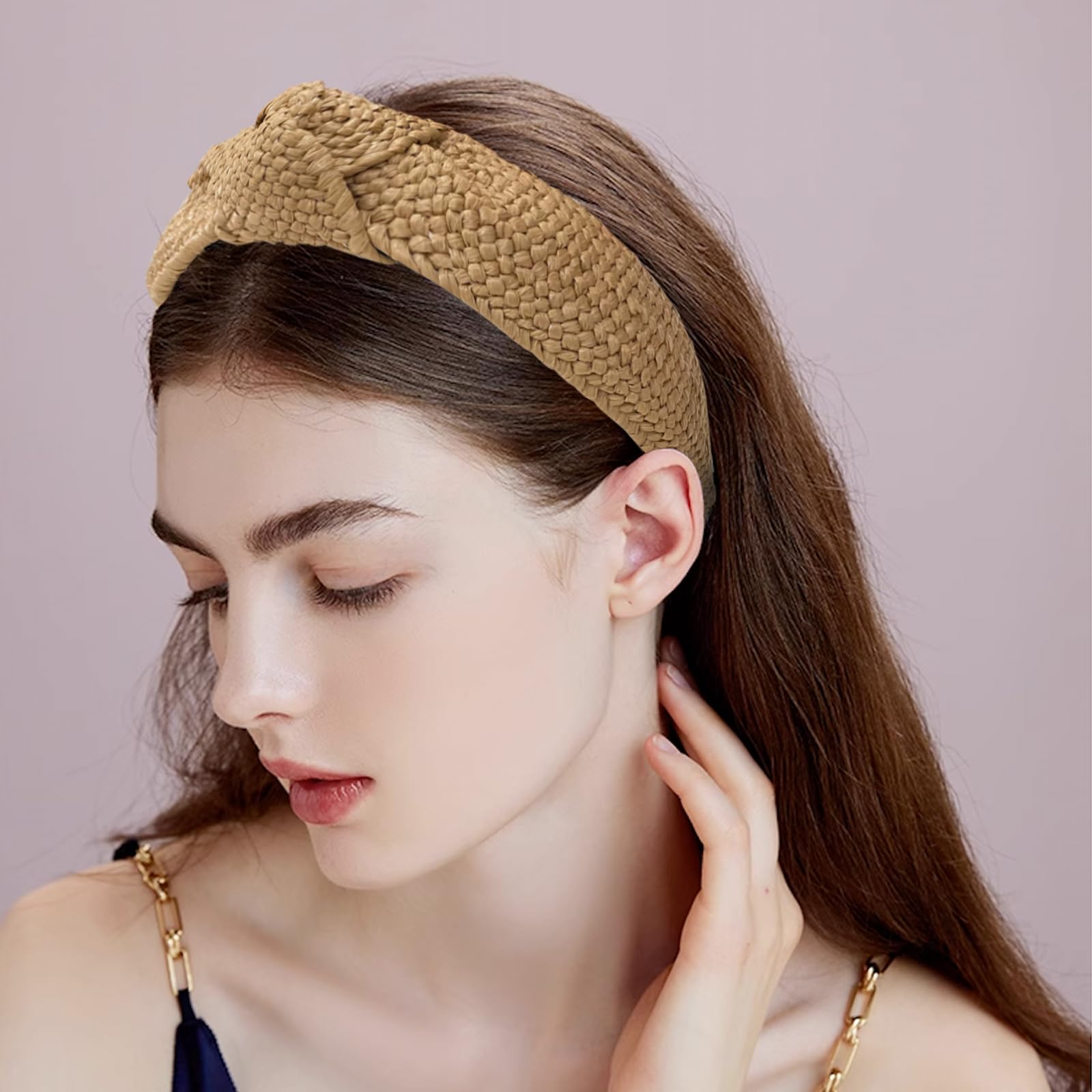 4PC Handmade Raffia Headbands for Women - Boho Straw Headbands, Knotted Top Knot Headbands, No Slip Rattan Woven Hair Accessories for Summer, Beach, Wedding & Vacation