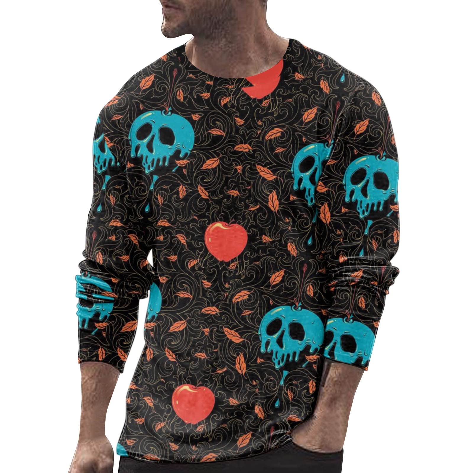 Men's Halloween Skull 3D Printed Long Sleeve T-Shirt - Cute Ghost Graphic Crew Neck Tee - Funny Costume for Halloween & Christmas Parties - Perfect for Cosplay, Costume Parties & Holiday Events