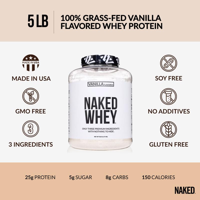 Naked Vanilla Whey Protein Powder - All Natural Grass Fed, Vanilla Flavor, Organic Coconut Sugar, 5Lb Bulk, GMO-Free, Soy Free, Gluten Free (61 Servings) - Perfect for Post-Workout Recovery & Healthy Smoothies
