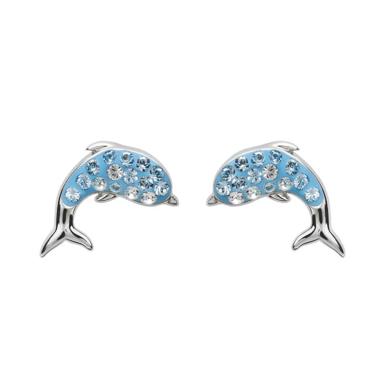 Aqua Swarovski Crystal Dolphin Stud Earrings - Elegant Jewelry for Women, Perfect for Beach Parties & Summer Outfits