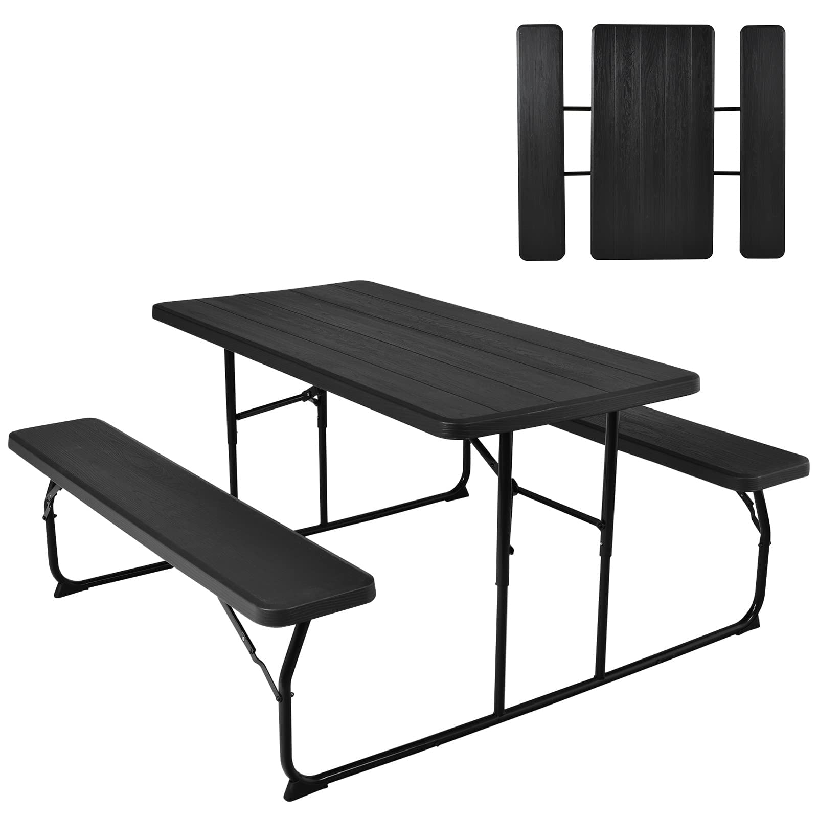 Gymax 550 LBS Capacity Folding Picnic Table with Benches - Weather-Resistant Portable Outdoor Picnic Table for Patio, Deck, BBQ, Camping & Backyard Gatherings - Easy Setup Wood-Like Design (Black)