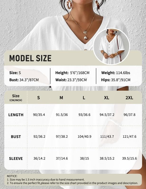 Bsubseach Women's Half Sleeve V-Neck Swim Cover Up - Lightweight Beach Coverup Dress for Bathing Suits, Poolside Lounging & Summer Vacations