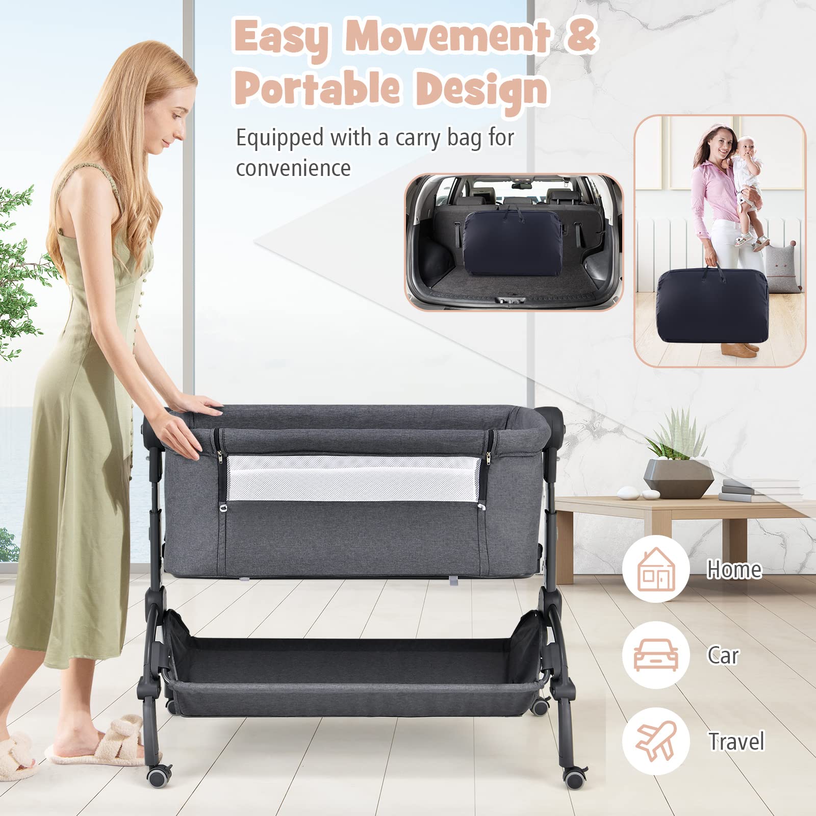 HONEY JOY 3-in-1 Portable Baby Bassinet & Bedside Sleeper with Soft Mattress, Storage Basket & Carry Bag - Adjustable Height Crib for Newborns, Infant Travel Crib with 4 Lockable Wheels (Gray) | Perfect for Nursery, Bedroom Co-Sleeping & Family Travel