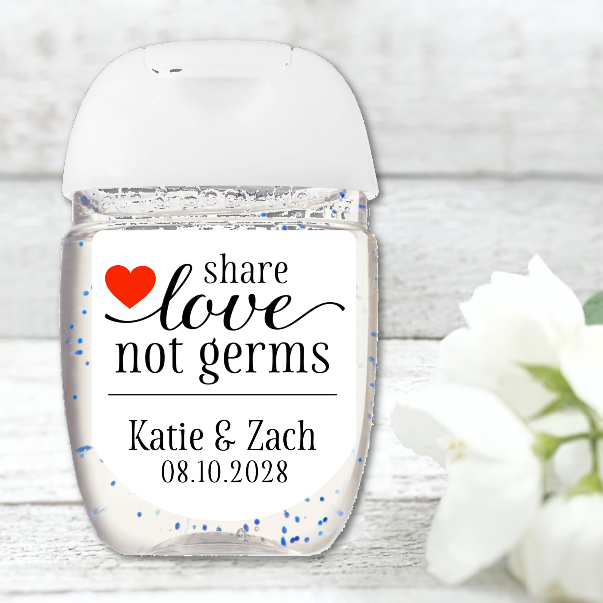 Personalized Sanitizer Stickers - 30 Wedding Favor Labels for PocketBac - Share Love Not Germs - Perfect for Bridal Showers & Guest Gifts