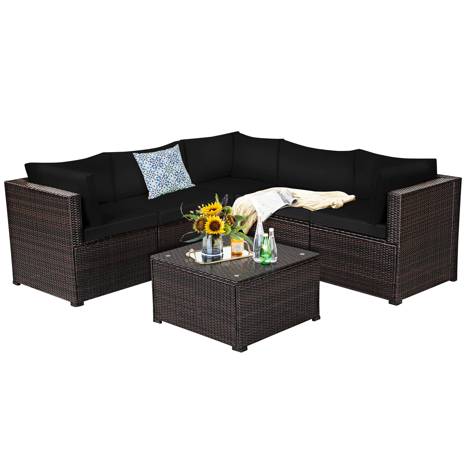 Tangkula 6-Piece Outdoor Patio Furniture Set - All-Weather Wicker Rattan Sectional Sofa with Tempered Glass Coffee Table & Cushions - Perfect for Backyard, Garden, Balcony, Poolside Relaxation (Black) | Ideal for Outdoor Entertaining, Lounging, and Family Gatherings