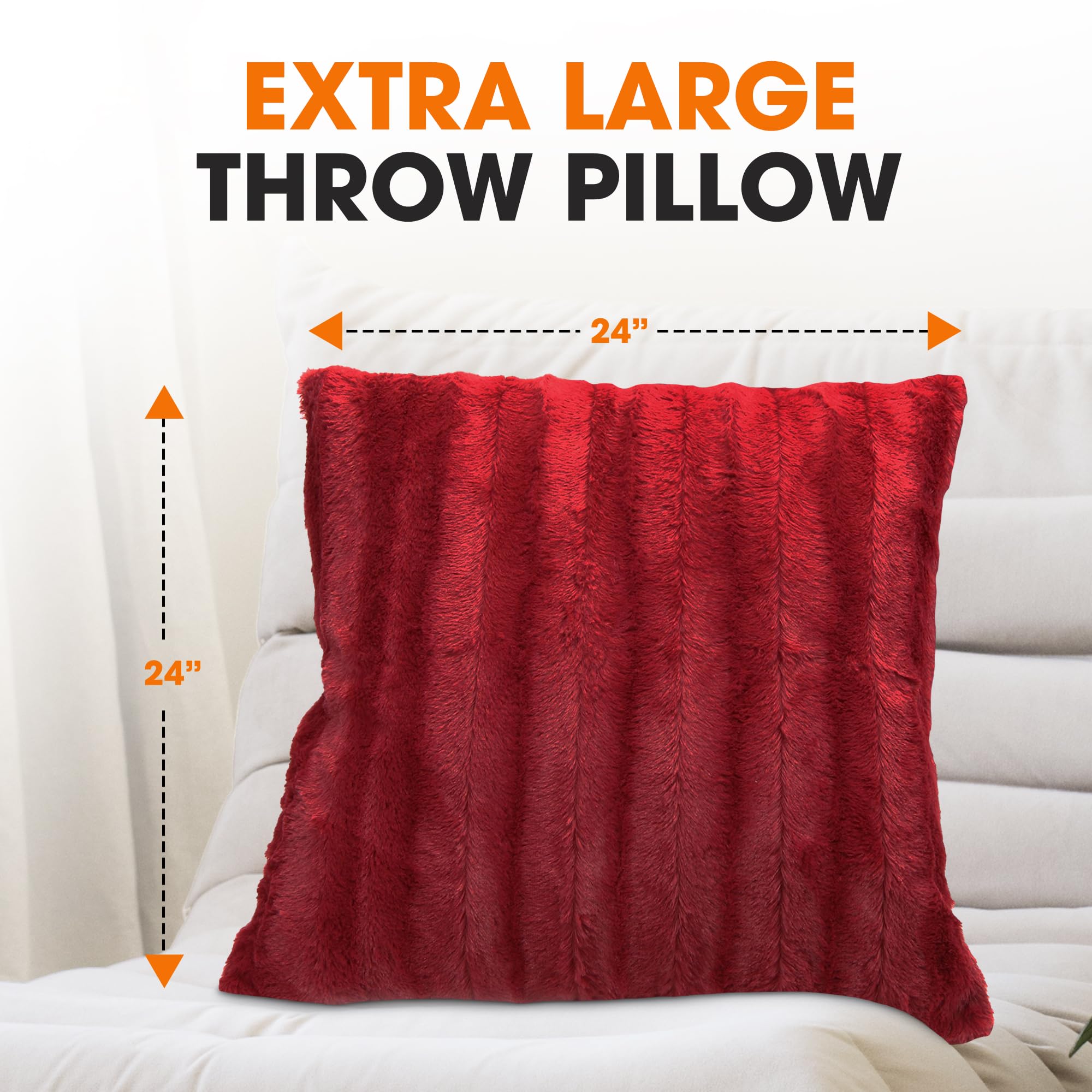 Faux Fur Throw Pillows Set of 2 - 24x24 Inch Soft Decorative Couch & Bed Pillows, Maroon Accent Pillows for Living Room & Bedroom Aesthetic - Cozy Home Decor for Sofa, Sectional, Dorm or Nursery