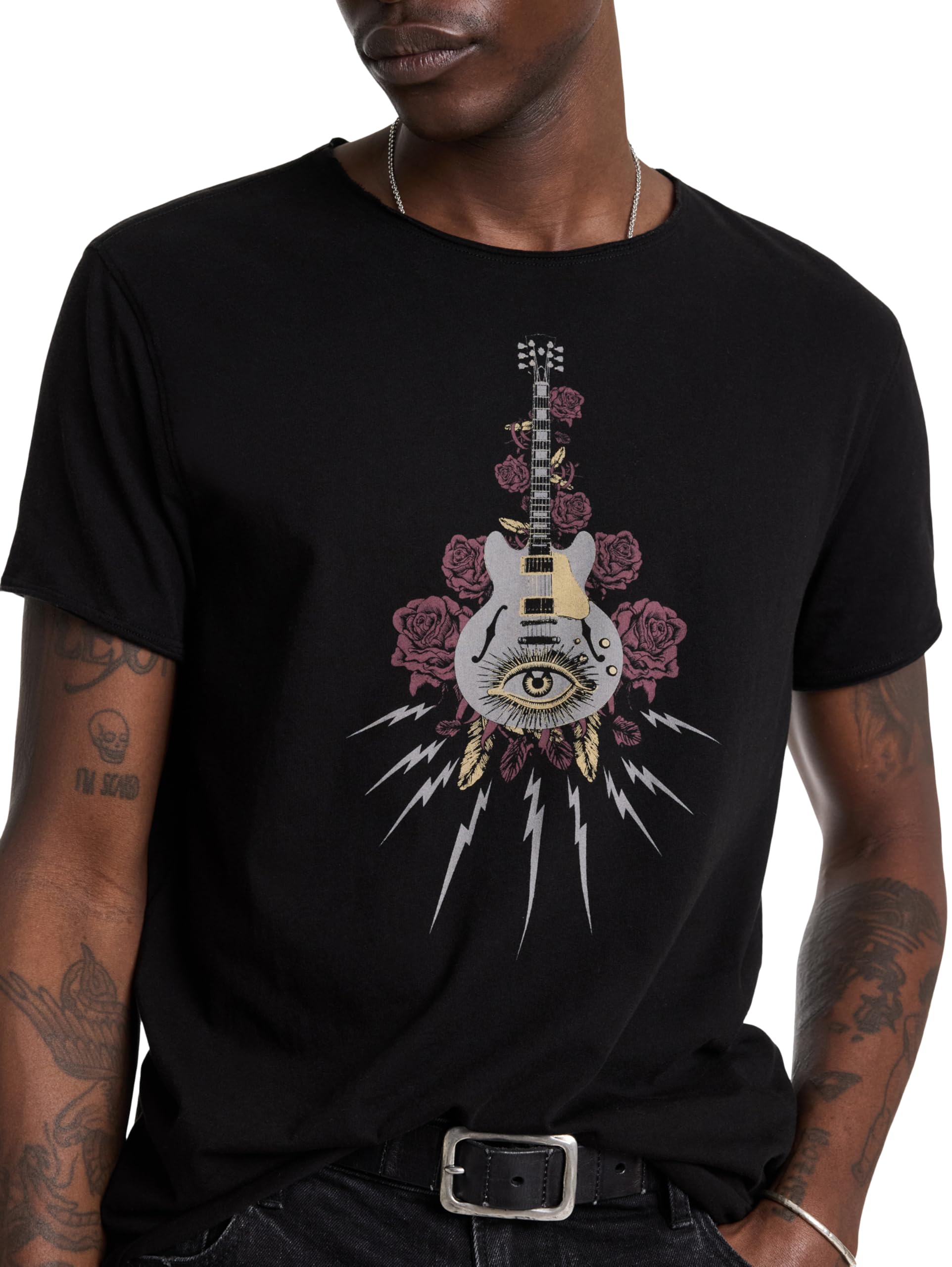 John Varvatos Men's Guitar Print T-Shirt - Vintage Rock Style Cotton Tee for Casual Wear & Music Lovers