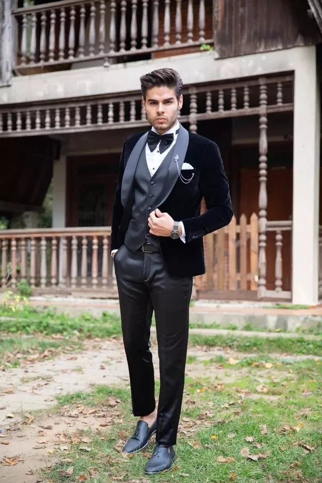 Elegant Black Velvet Wedding Suit for Men - 3 Piece Shawl Lapel Prom Tuxedo Set CB2284 | Perfect for Weddings, Proms & Formal Events
