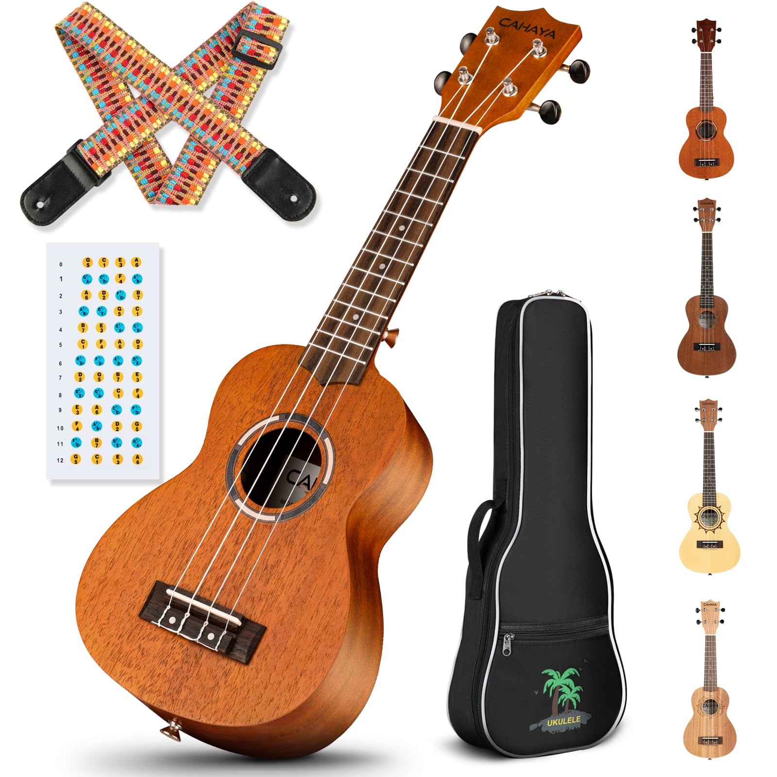 CAHAYA Soprano Ukulele for Beginners - 21 Inch Mahogany Ukulele Starter Kit with Carrying Bag, Shoulder Strap & Fretboard Stickers - Perfect for Adults & Kids Learning to Play | Great for Music Lessons, Travel & Family Bonding