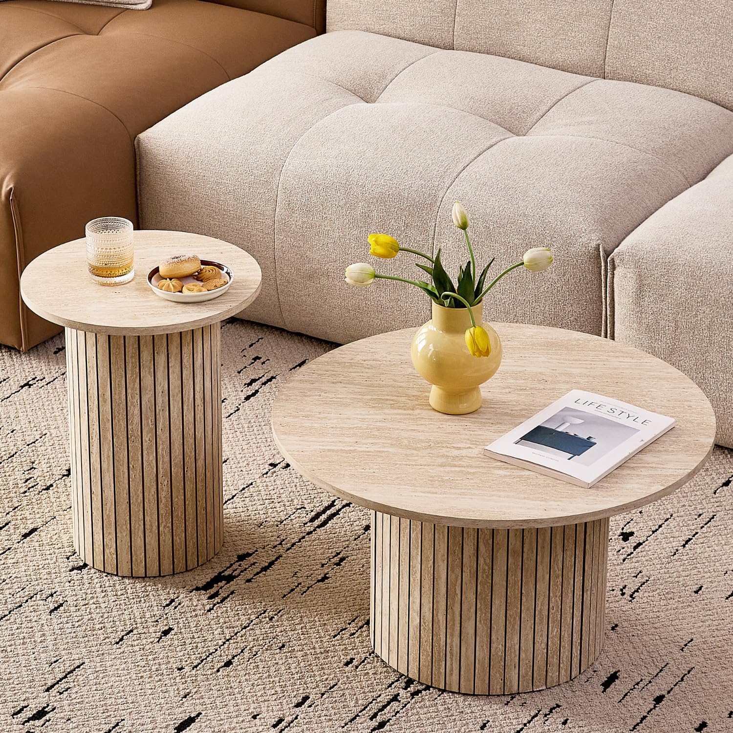 Round Nesting Coffee Tables Set of 2 - Boho Fluted Drum Side & End Tables for Living Room, Bedroom (φ27.6 & φ15.8) | Perfect for Small Spaces, Coffee Table Decor & Modern Home Furnishing