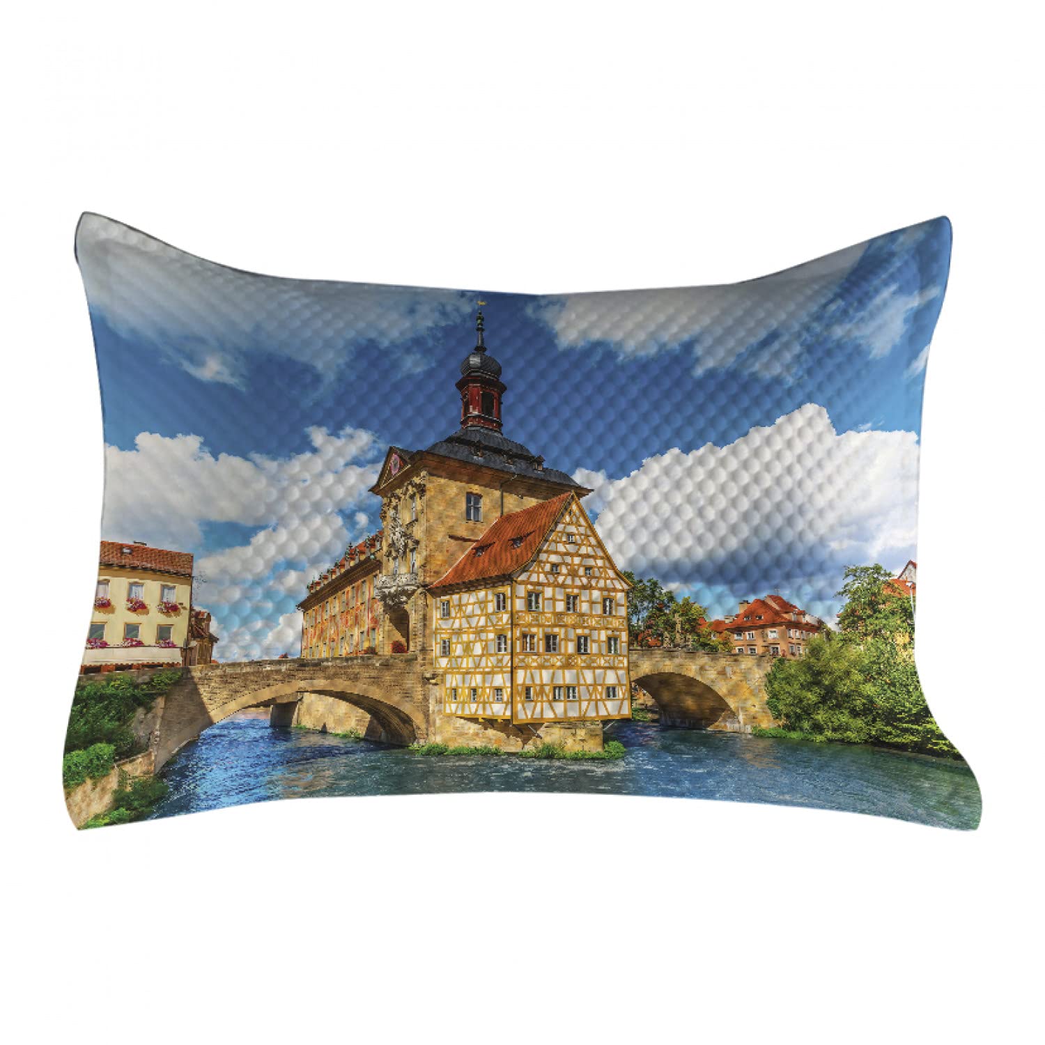 Ambesonne Quilted Travel Pillow Cover - Bamberg Germany City Hall European Historical Townscape Sunny Day Design, Standard Queen Size 30