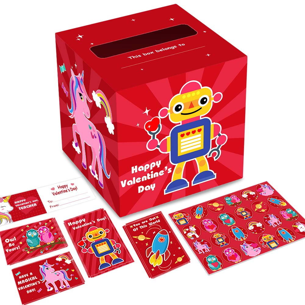Valentine's Day Cards for Kids - 36 Pack with 9 Teacher Cards, 32 Stickers & Classroom Mailbox - Perfect for School Exchanges, Parties & Holiday Celebrations