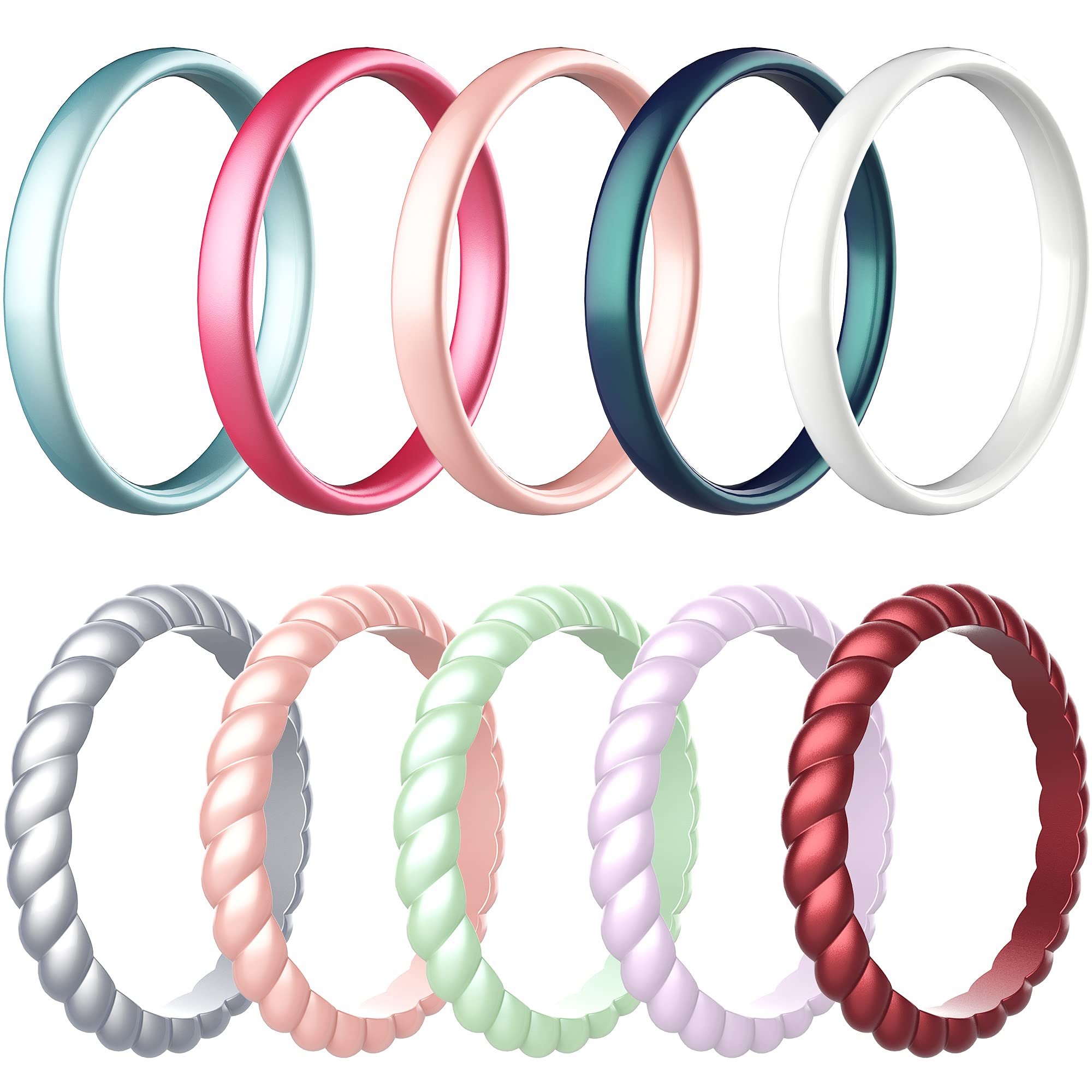 Zollen 3mm Thin Braided Silicone Wedding Rings for Women - Metallic Color Stackable Rubber Bands, Hypoallergenic Comfort Fit | Perfect for Active Lifestyle, Gym, Swimming & Outdoor Adventures