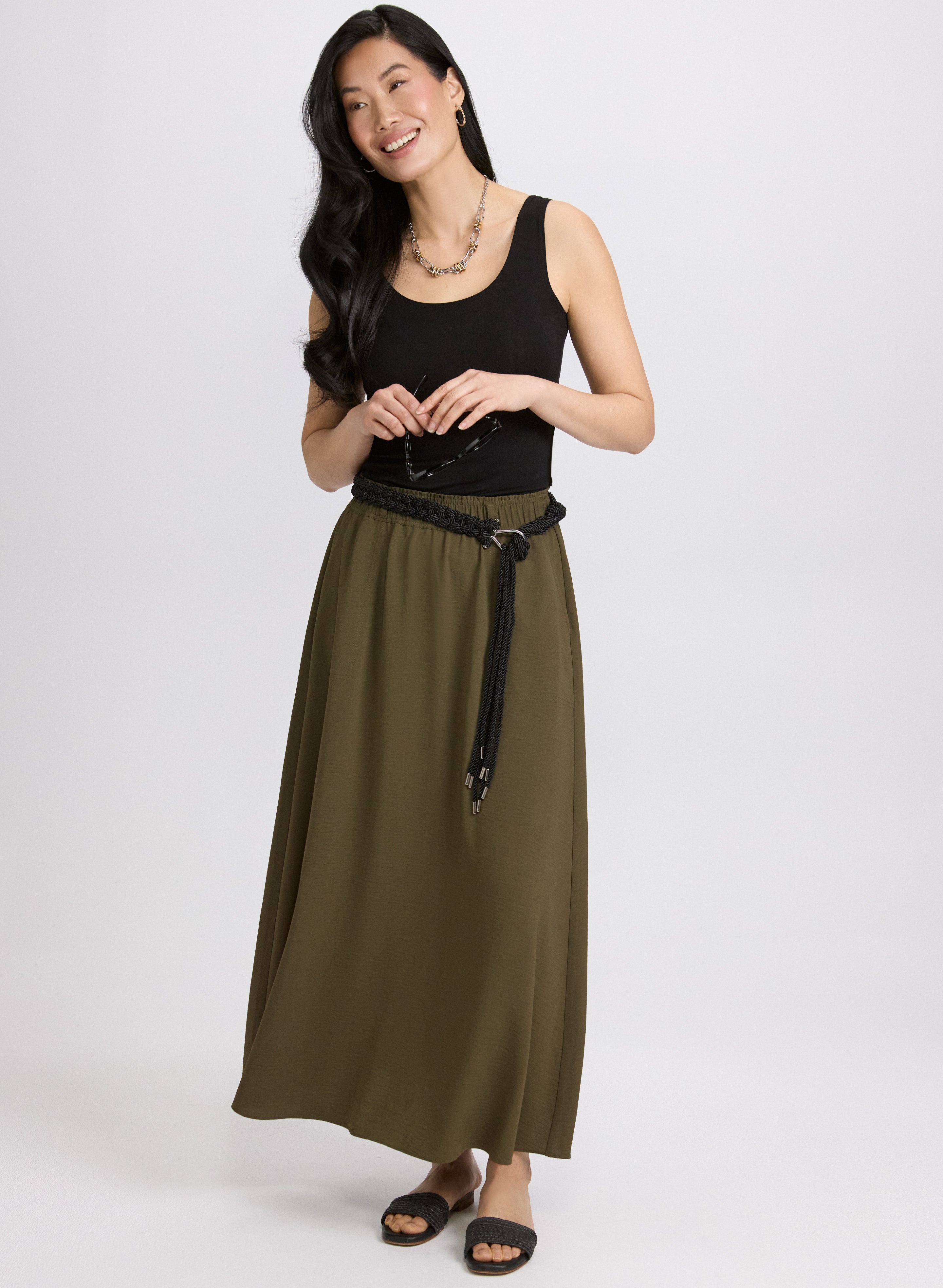 Elegant Crinkled Drawstring Maxi Skirt for Women - Boho Flowy Long Skirt with Adjustable Waist - Perfect for Beach, Vacation, and Summer Outfits