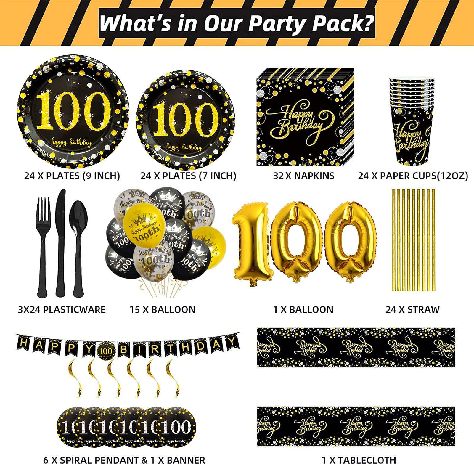 Trgowaul 100th Birthday Party Supplies Set - 24-Piece Black & Gold Disposable Plates, Napkins, Cups, Cutlery & Table Cover with Decor Balloons & Banner - Elegant Centennial Celebration Decorations for Adults & Seniors