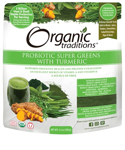 Organic Traditions Probiotic Super Greens with Turmeric Powder - 3.5oz | Antioxidant-Rich Greens Blend for Smoothies, Juices & Wellness Drinks | Supports Digestion & Immunity | Vegan, Non-GMO Superfood Supplement