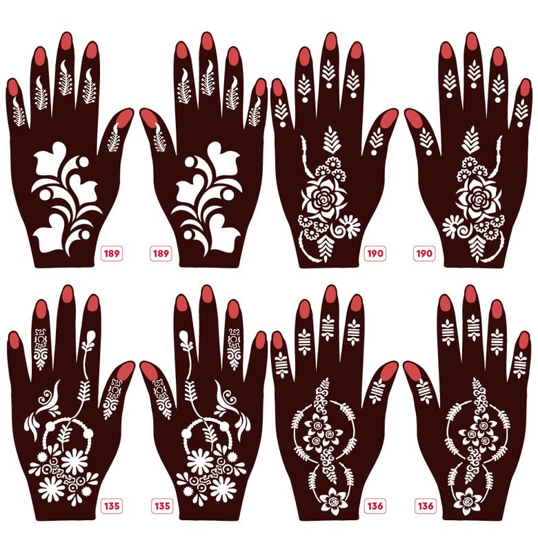 Apacute Henna Stencil Stickers Full Hand Design - Set of 8 Pieces for Both Hands - Easy to Apply Temporary Tattoo Kit for Girls, Women & Kids - Beautiful Mehndi Patterns for Weddings, Festivals & Special Occasions