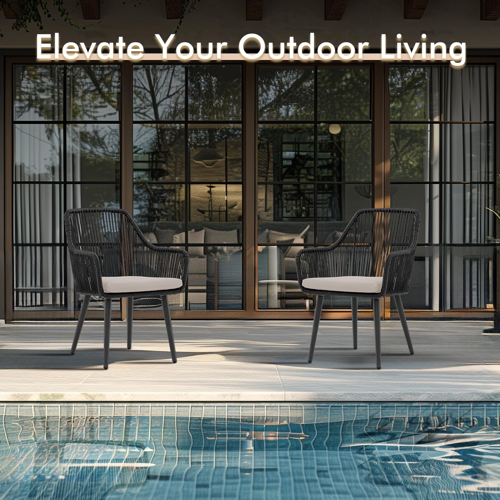 JOIVI 2-Piece Patio Dining Chairs Set - Outdoor Rattan Armchairs with Cushions for Garden, Backyard, Lawn - 350lb Weight Capacity Black Wicker Chairs for Indoor & Outdoor Use - Perfect for Dining, Lounging, and Entertaining Guests
