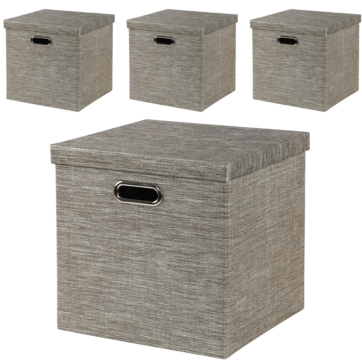 Posprica 13x13x13 Inch Foldable Storage Bins with Lids - Set of 4 Fabric Storage Cubes for Closet, Shelf, Cabinet & Bookcase Organization - Coffee Color - Perfect for Home, Office & Kids Room Storage