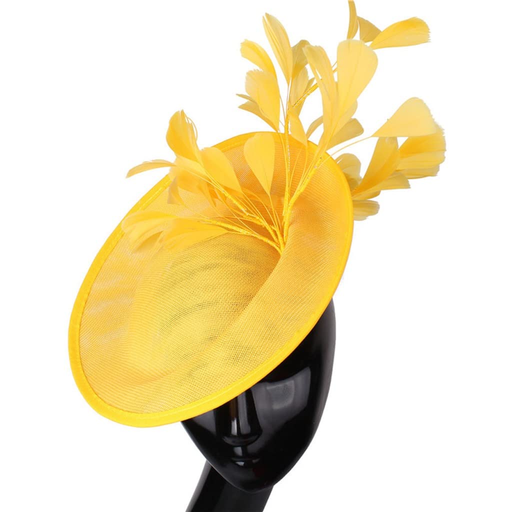 Stylish Women's Big Hats with Feather Headbands - Elegant Ladies Headwear for Parties & Dinners - 30cm Fashion Millinery Cap (Yellow) - Perfect for Weddings, Tea Parties & Outdoor Events