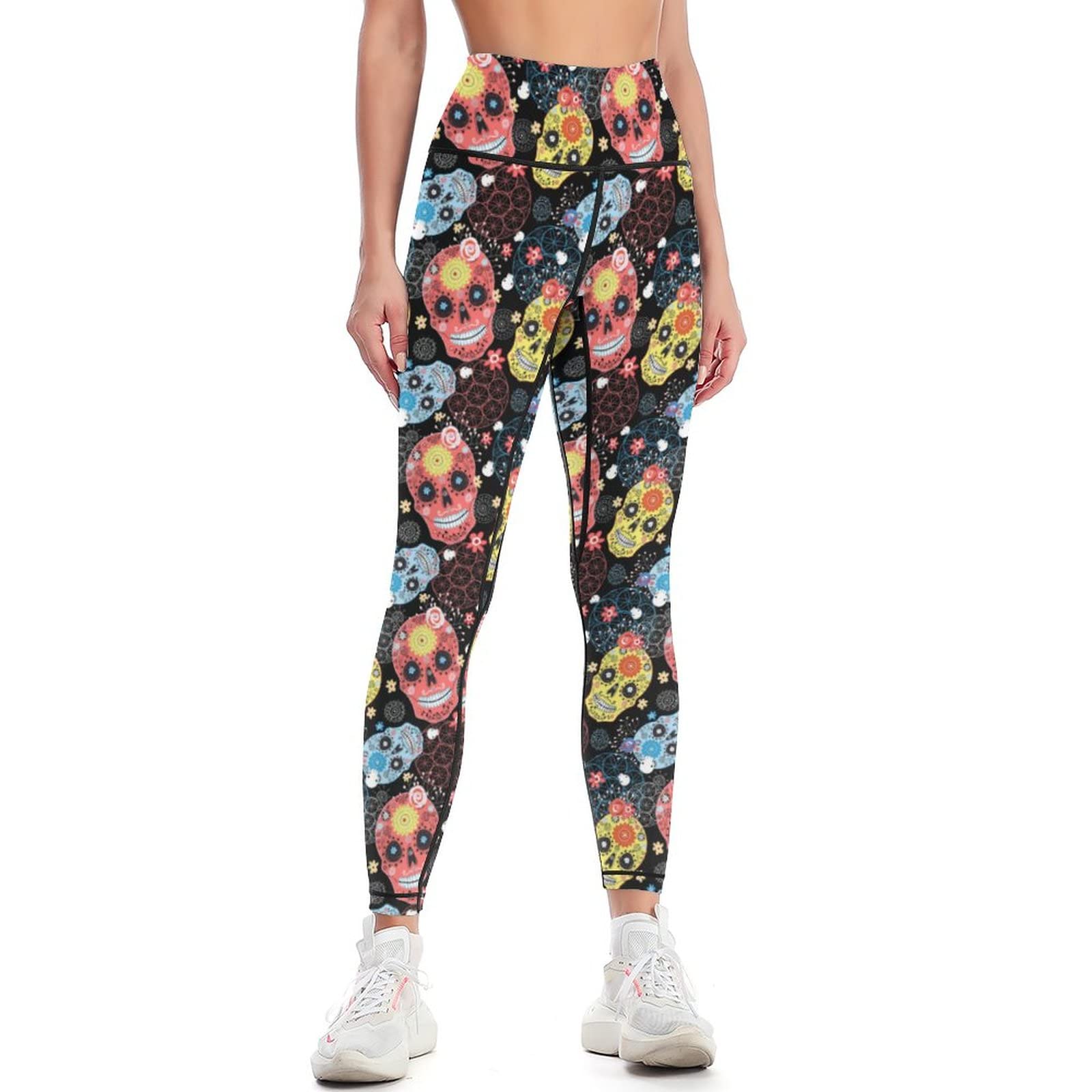 HK97 Women's High Waisted Sugar Skull Yoga Leggings - Tummy Control Workout Running Pants for Yoga, Gym & Activewear | Flattering Fit for Dance, Pilates & Lounge Wear