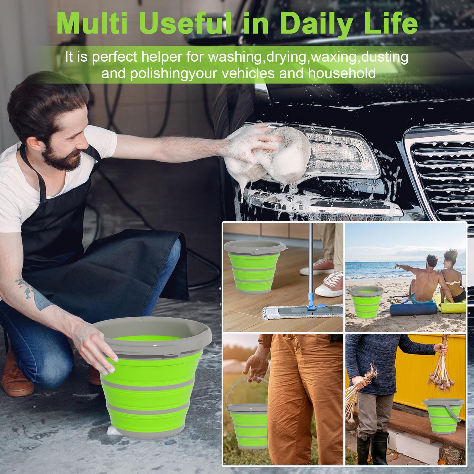 Collapsible 10L (2.6 Gallon) Car Wash Bucket with Microfiber Mitt - Portable Water Bucket with Handle for Auto Detailing, Household Cleaning & Outdoor Use - Green - Perfect for Car Washing, Camping & Home Cleaning Tasks