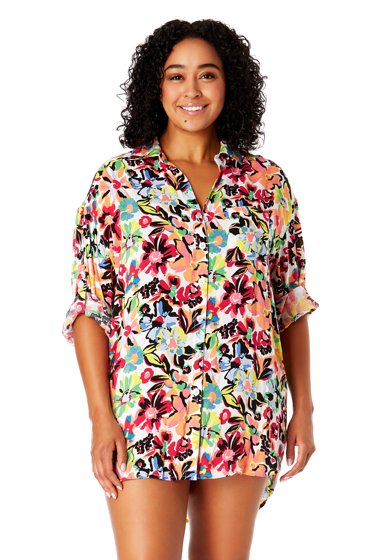 Plus Size Women's Sun Blossom Button Down Shirt Swimsuit Cover Up - Beachwear, Poolside Outfit & Summer Vacation Essential