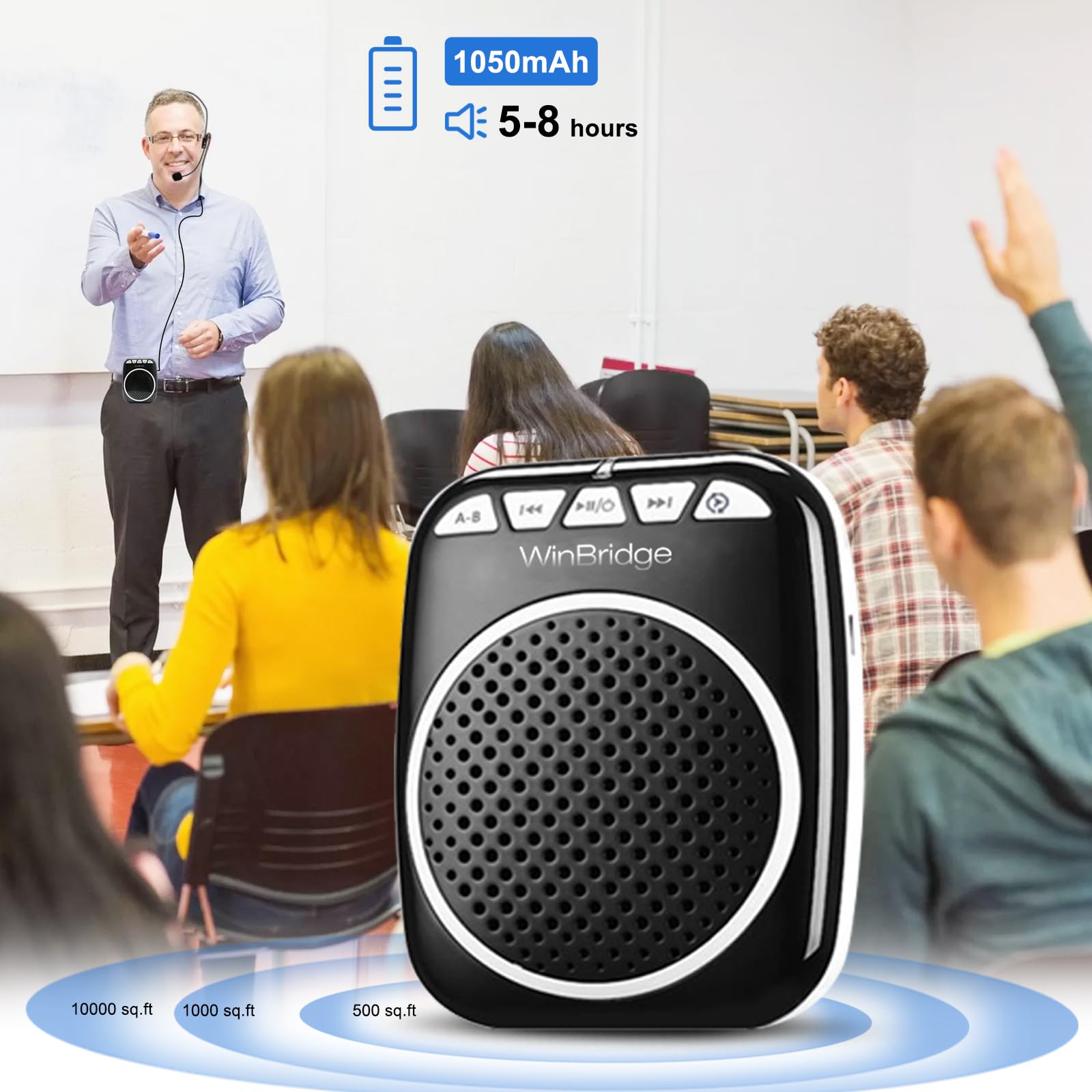 WinBridge WB001 Portable Voice Amplifier with Wireless Headset Microphone - Rechargeable Personal Speaker & Megaphone for Teachers, Coaches, Tour Guides, Presentations - Ideal for Classrooms, Outdoor Events, Public Speaking & Senior Communication