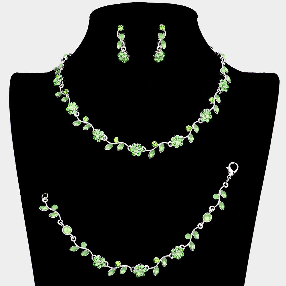 3 Piece Green Flower Rhinestone Jewelry Set for Women - Elegant Necklace, Earrings & Bracelet Combo | Perfect for Homecoming, Prom, Wedding & Party Accessories | Gift Box Included