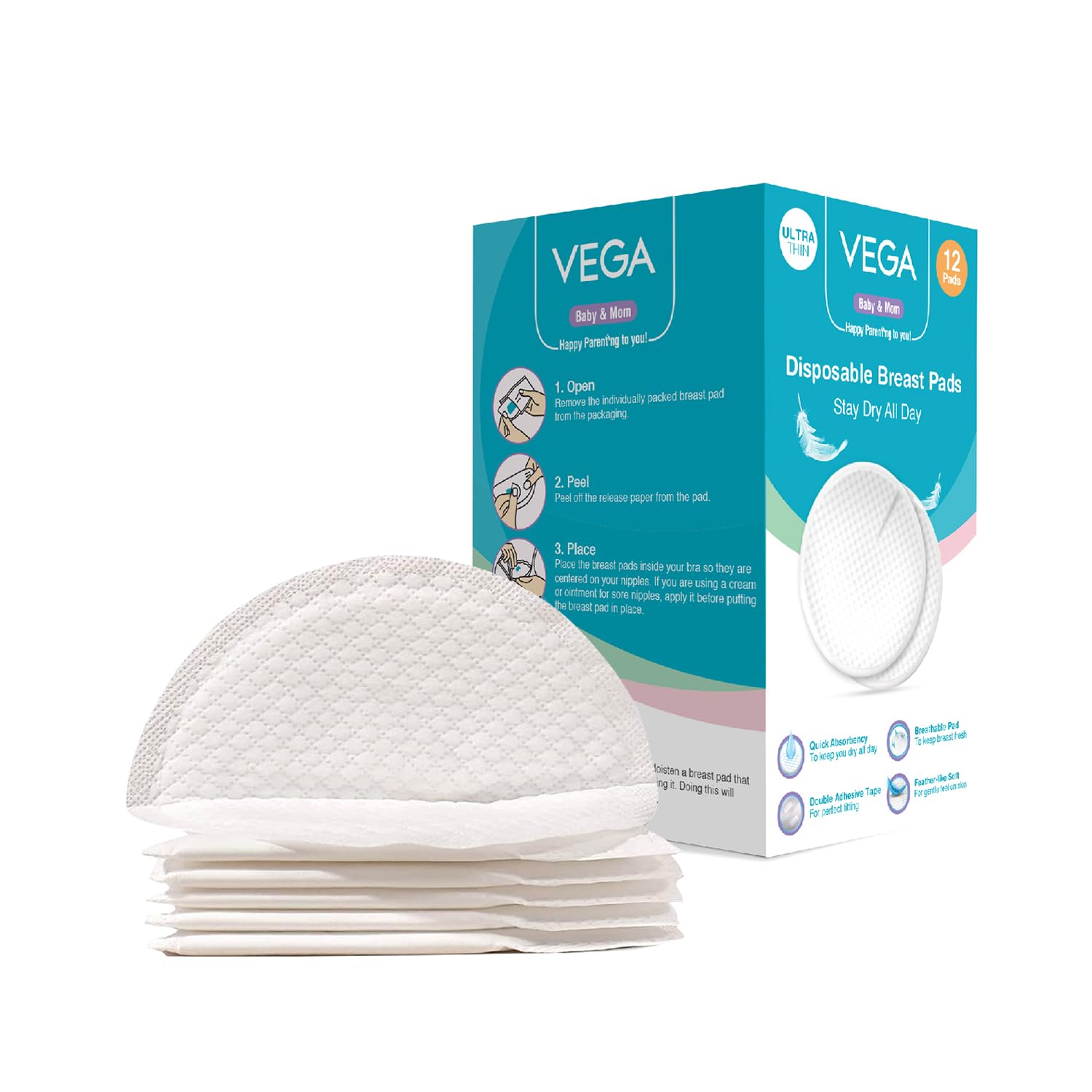 Vega Baby & Mom Ultra Thin Disposable Nursing Pads - 12 Pack | Leak Proof & Super Absorbent Breast Pads for Breastfeeding Moms | Soft & Breathable Design | Perfect for Day & Night Use | (VBBF3-05) | Ideal for Work, Travel & Everyday Comfort