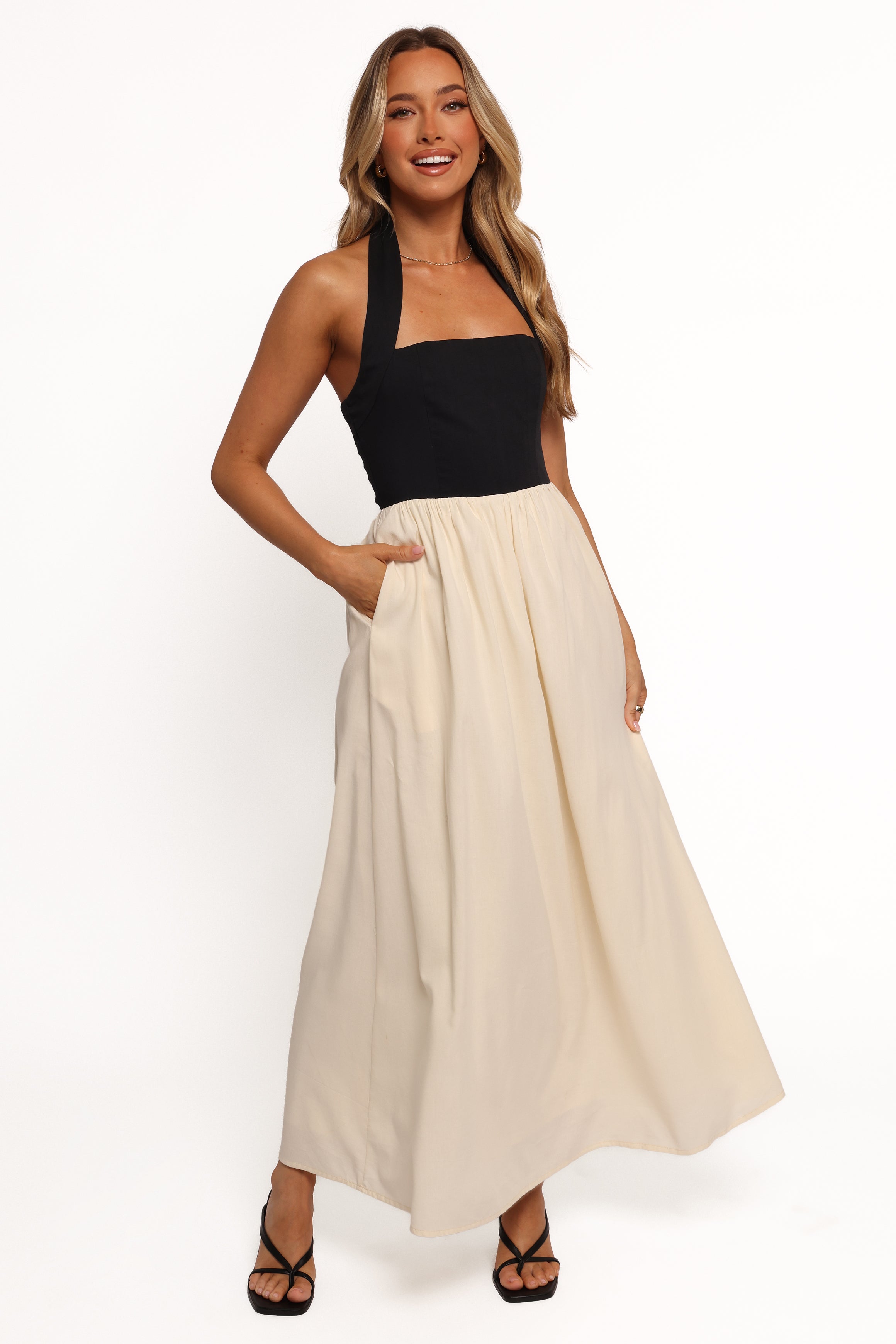 Jayden Maxi Dress for Women - Elegant Black & Cream Long Flowy Dress for Summer, Beach, Parties & Special Occasions