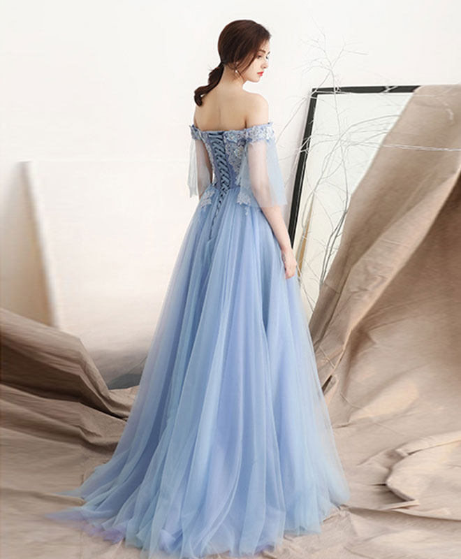 Elegant Blue Off Shoulder Tulle Long Prom Dress - Formal Evening Gown for Homecoming, Ball & Special Occasions