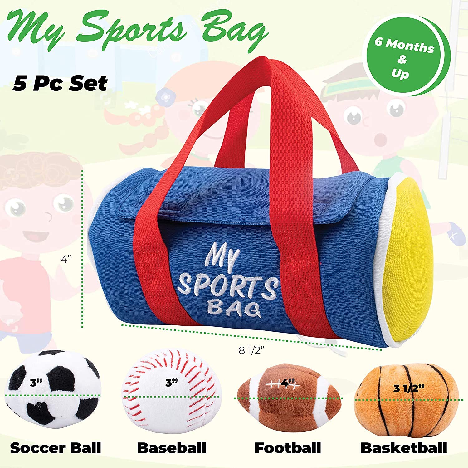 **Etna My Sports Bag - Soft Plush Toy Play Set for Toddlers, Sensory Toys with Sound & Cheer Effects - Includes Plush Basketball, Baseball, Soccer Ball & Football - Perfect for Playtime, Learning & Gift Giving**