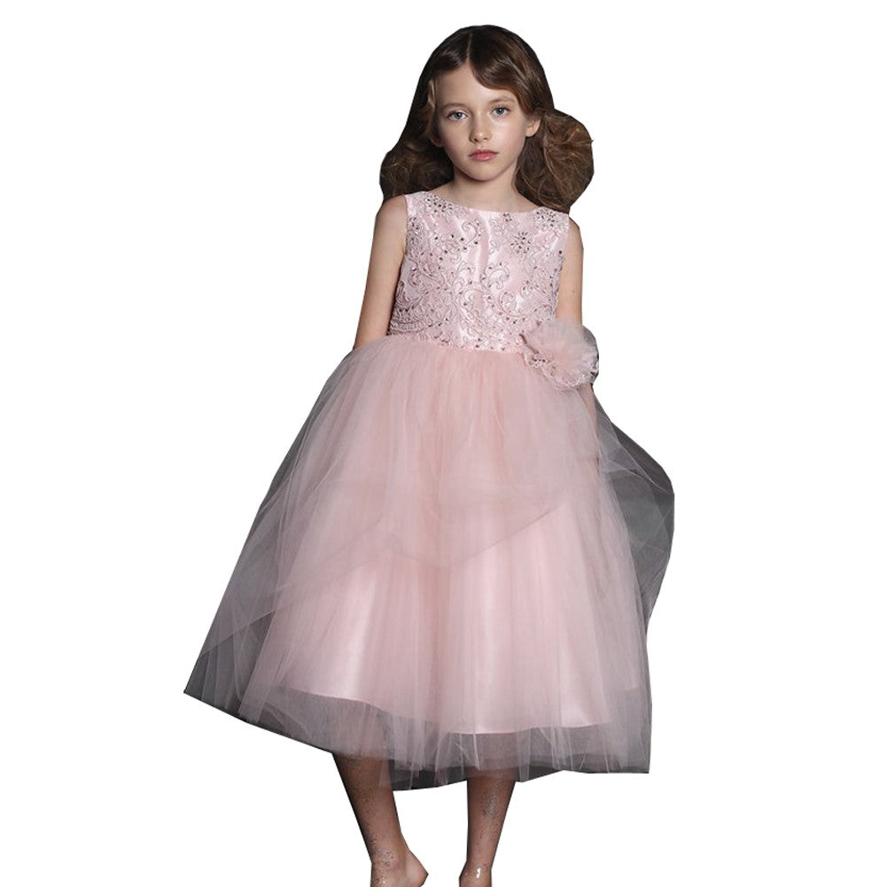 Luxurious Flower Girl Dress for Big Girls - Embroidered Blush Beads, Sizes 8-12 | Perfect for Weddings, Parties & Special Occasions