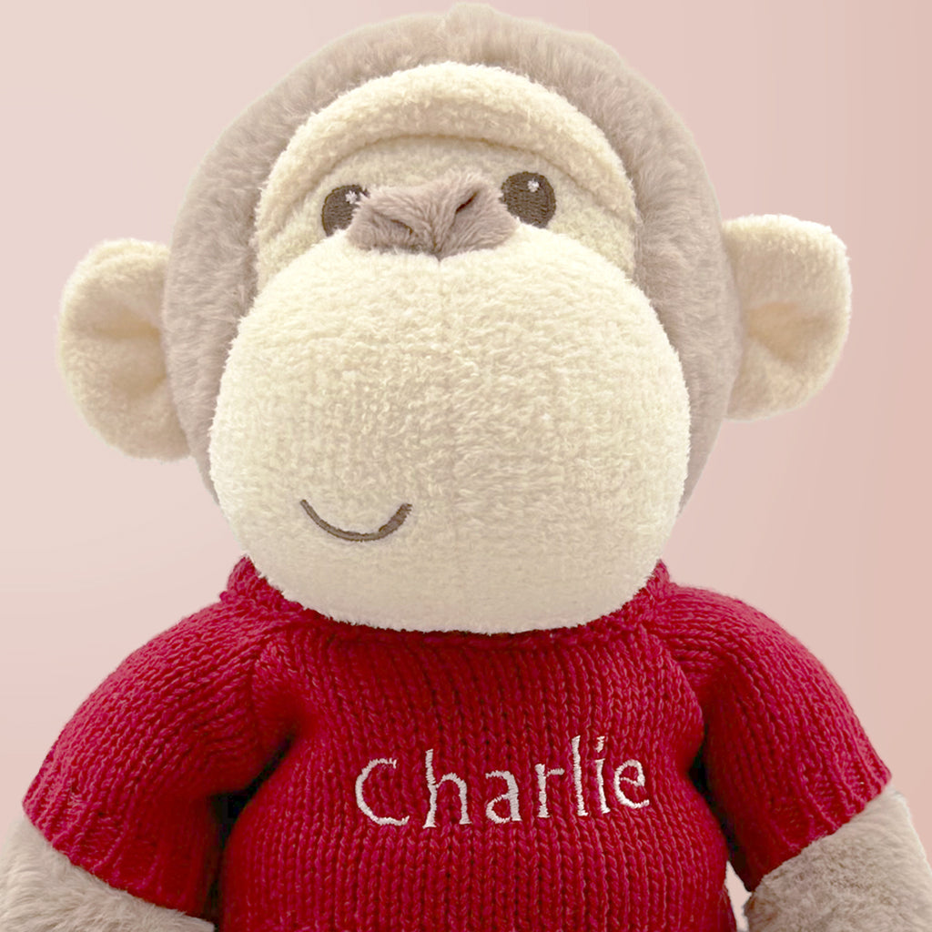 Personalized Morris Monkey Plush Toy with Baby Pajamas - Red | Cute Stuffed Animal Gift for Newborns, Baby Showers & Nursery Decor