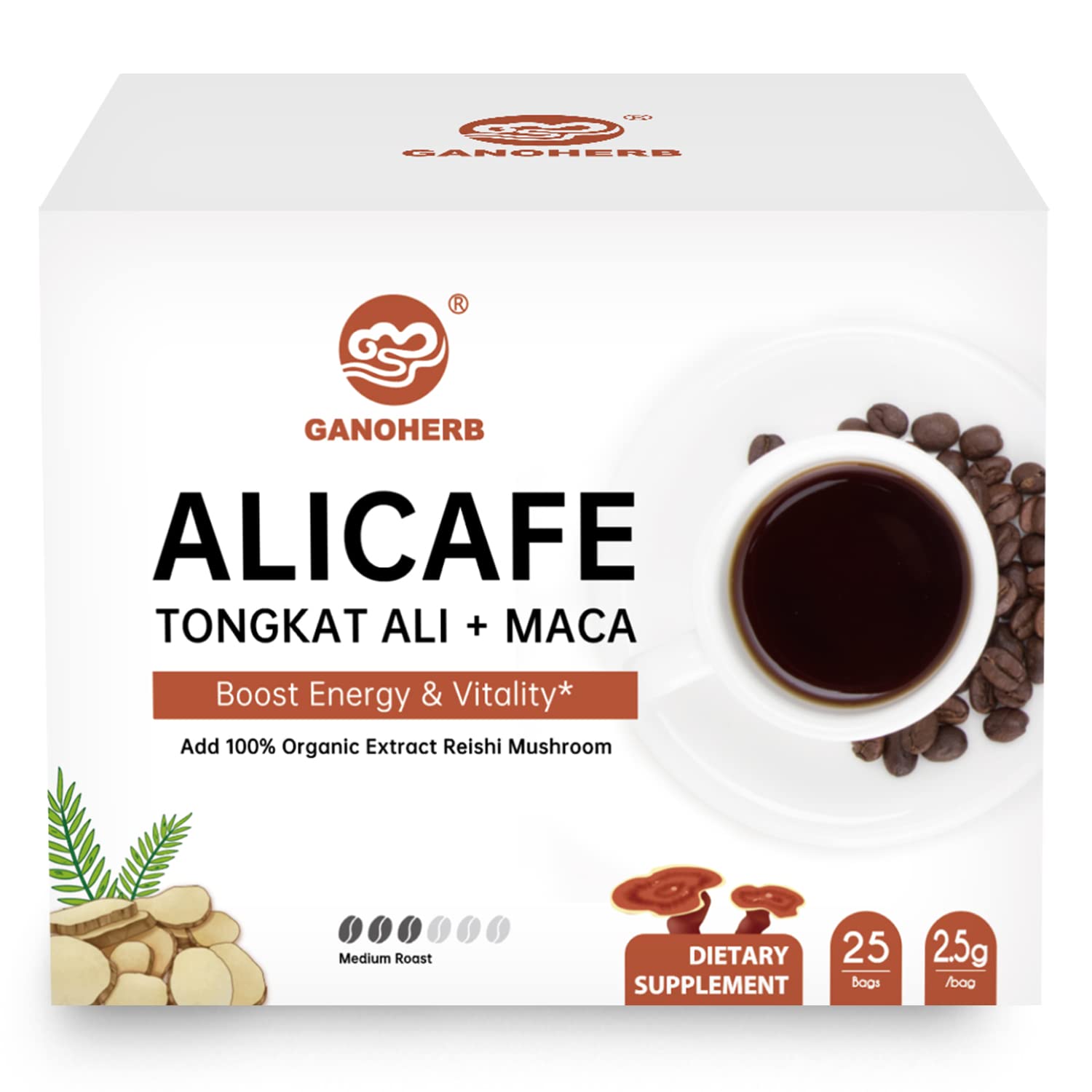 Organic Maca Energy Coffee with Tongkat Ali & Reishi Mushroom - Natural Herbal Coffee for Energy, Focus & Vitality - 25 Single-Serve Packets - Perfect for Workouts, Office & Morning Boost