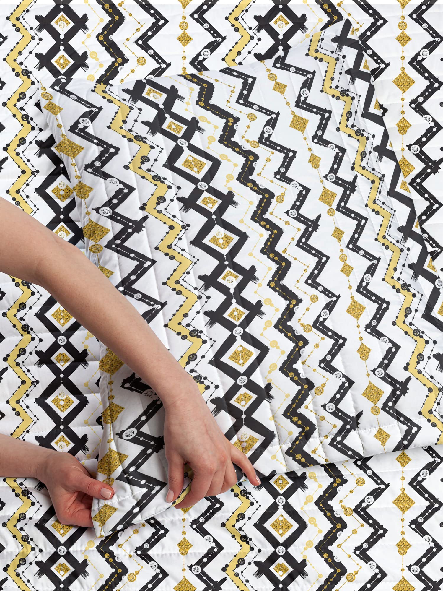 Lunarable Chevron Microfiber Bedspread Set - Tribal Grunge Zig Zag Stripes & Triangles Design - Soft Queen Size Bedding with Pillow Shams & Comforter in Black, White & Yellow - Perfect for Bohemian Bedroom Decor & Guest Room Styling